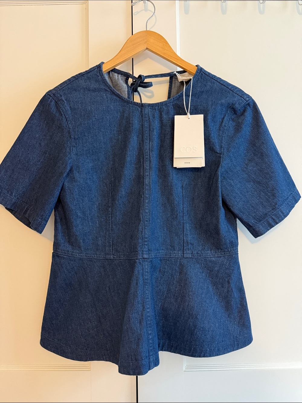 NWT COS Denim Peplum Top Indigo Tie Back Blouse Size